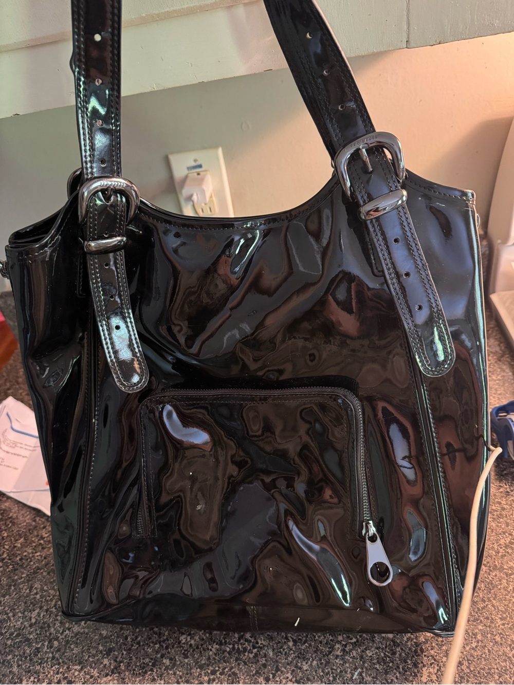 Ted Baker London Black Patent Shoulder Tote with Front Zip Pocket